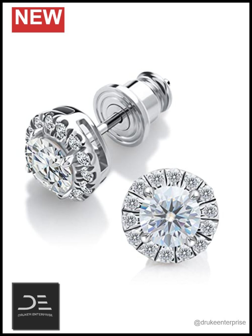Moissanite Halo Stud Earrings Sterling Silver White Gold Plated Women